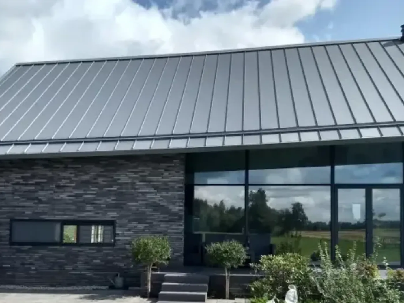 Grijze zinklook boven een woonkamer met grote glaspuien